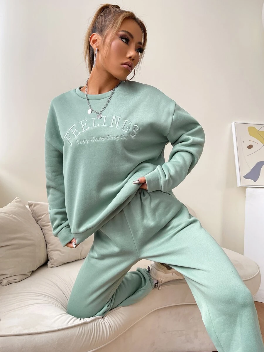 SHEIN Unity Letter Embroidery Drop Shoulder Pullover & Joggers - Mint Green - View 1