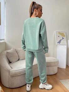 SHEIN Unity Letter Embroidery Drop Shoulder Pullover & Joggers - Mint Green - View 2