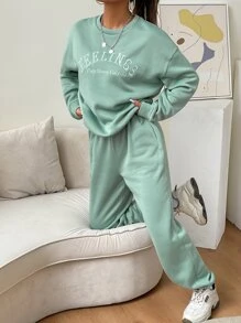 SHEIN Unity Letter Embroidery Drop Shoulder Pullover & Joggers - Mint Green - View 3