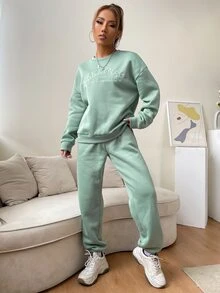 SHEIN Unity Letter Embroidery Drop Shoulder Pullover & Joggers - Mint Green - View 4