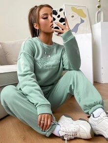 SHEIN Unity Letter Embroidery Drop Shoulder Pullover & Joggers - Mint Green - View 5