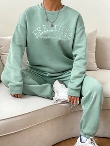 SHEIN Unity Letter Embroidery Drop Shoulder Pullover & Joggers - Mint Green - View 6