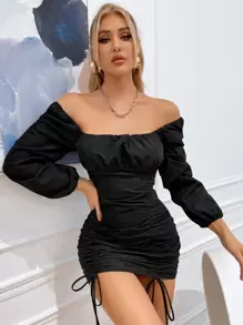 SHEIN Unity Ruched Drawstring Front Bishop Sleeve Bodycon Dress - Black - View 1