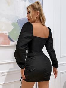 SHEIN Unity Ruched Drawstring Front Bishop Sleeve Bodycon Dress - Black - View 2