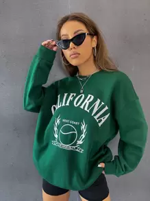 SHEIN Unity Letter & Graphic Print Sweatshirt - Dark Green - View 1