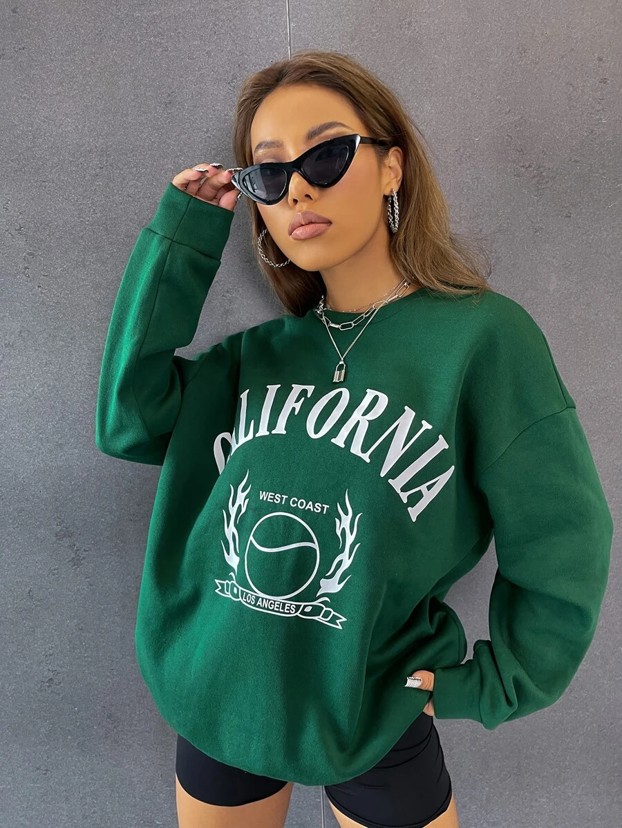 SHEIN Unity Letter & Graphic Print Sweatshirt - Dark Green - View 1