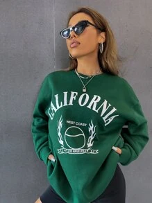 SHEIN Unity Letter & Graphic Print Sweatshirt - Dark Green - View 4