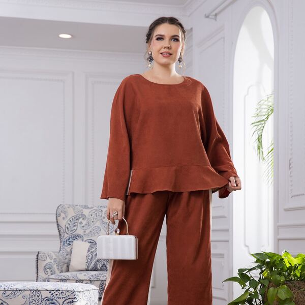 

Plus Peplum Top & Contrast Side Seam Pants, Burnt orange