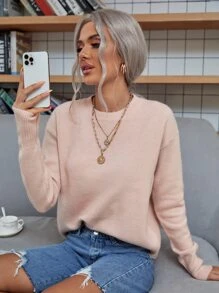 SHEIN LUNE Solid Drop Shoulder Sweater,Long Sleeve Tops Knit Pullover Fall Winter - Pink - View 1