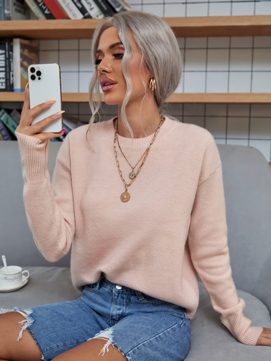 SHEIN LUNE Solid Drop Shoulder Sweater,Long Sleeve Tops Knit Pullover Fall Winter - Pink - View 1