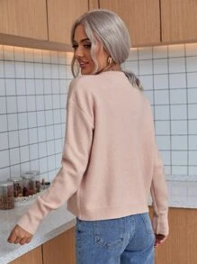 SHEIN LUNE Solid Drop Shoulder Sweater,Long Sleeve Tops Knit Pullover Fall Winter - Pink - View 2