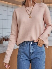 SHEIN LUNE Solid Drop Shoulder Sweater,Long Sleeve Tops Knit Pullover Fall Winter - Pink - View 3