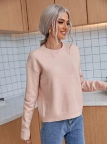 SHEIN LUNE Solid Drop Shoulder Sweater,Long Sleeve Tops Knit Pullover Fall Winter - Pink - View 4