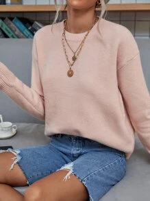 SHEIN LUNE Solid Drop Shoulder Sweater,Long Sleeve Tops Knit Pullover Fall Winter - Pink - View 6