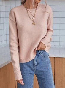 SHEIN LUNE Solid Drop Shoulder Sweater,Long Sleeve Tops Knit Pullover Fall Winter - Pink - View 7