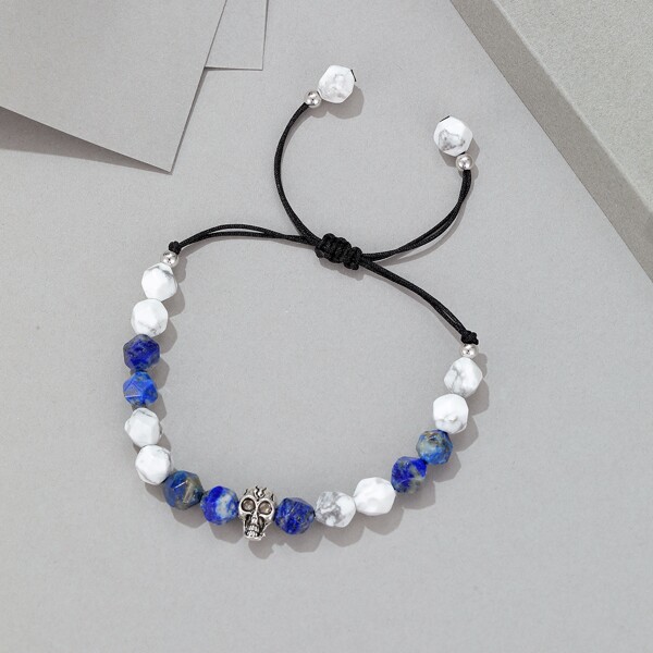 

Men Skull Decor Stone Beaded Bracelet, Multicolor