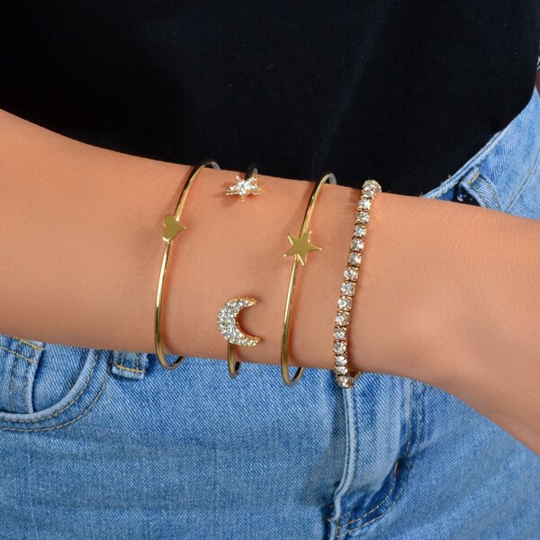 

4pcs Moon & Star Decor Bracelet, Gold