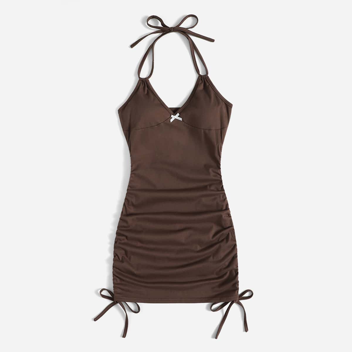 

Solid Drawstring Ruched Bow Halter Dress, Coffee brown