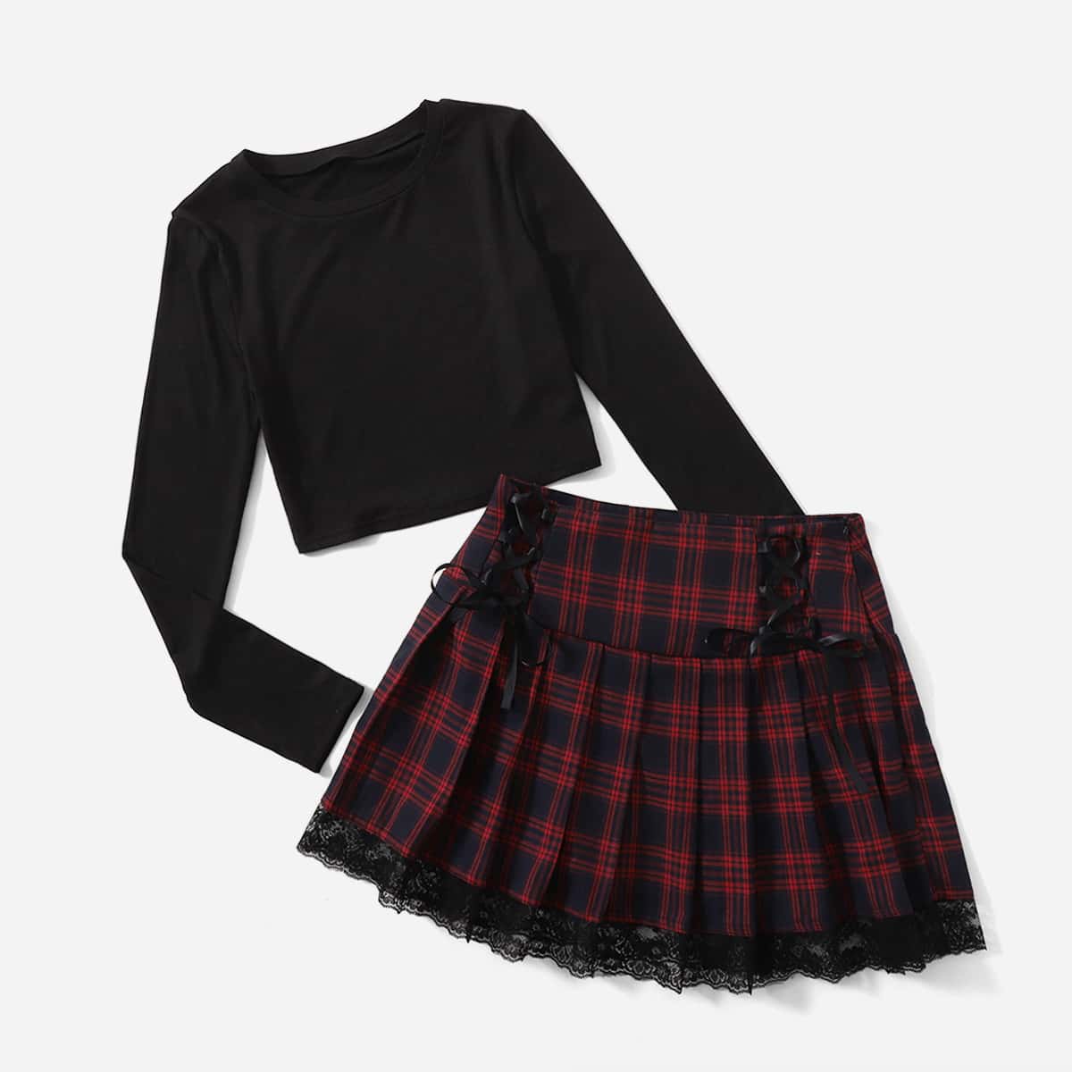 

Solid Crop Tee & Tartan Pleated Skirt, Black