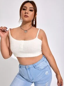SHEIN EZwear Plus Single Breasted Crop Fluffy Knit Top - White - View 1