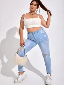 SHEIN EZwear Plus Single Breasted Crop Fluffy Knit Top - White - View 3