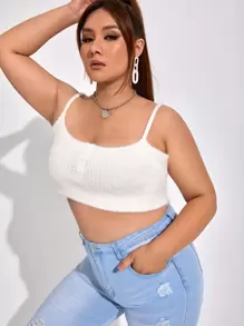 SHEIN EZwear Plus Single Breasted Crop Fluffy Knit Top - White - View 4