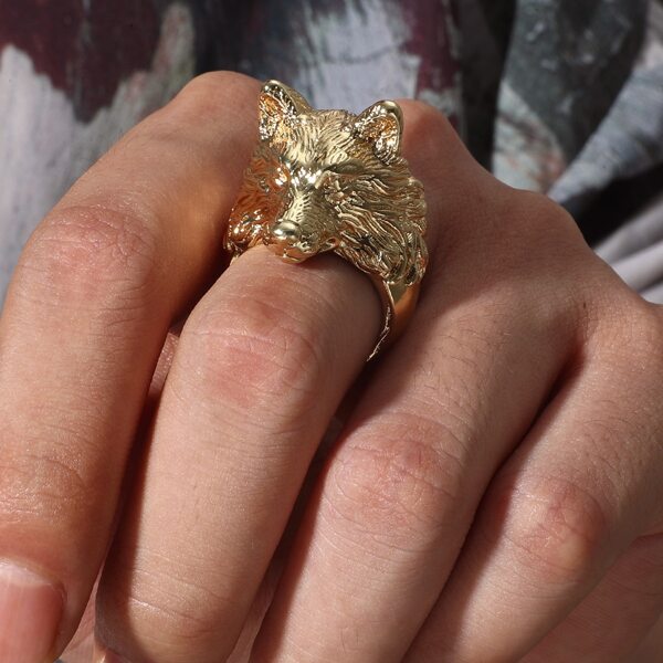 

Men Wolf Head Decor Ring, Gold
