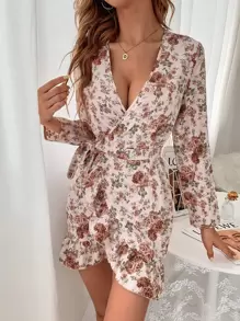 SHEIN Holidaya Allover Floral Print Belted Ruffle Trim Wrap Hem Dress - Multicolor - View 4
