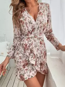 SHEIN Holidaya Allover Floral Print Belted Ruffle Trim Wrap Hem Dress - Multicolor - View 5