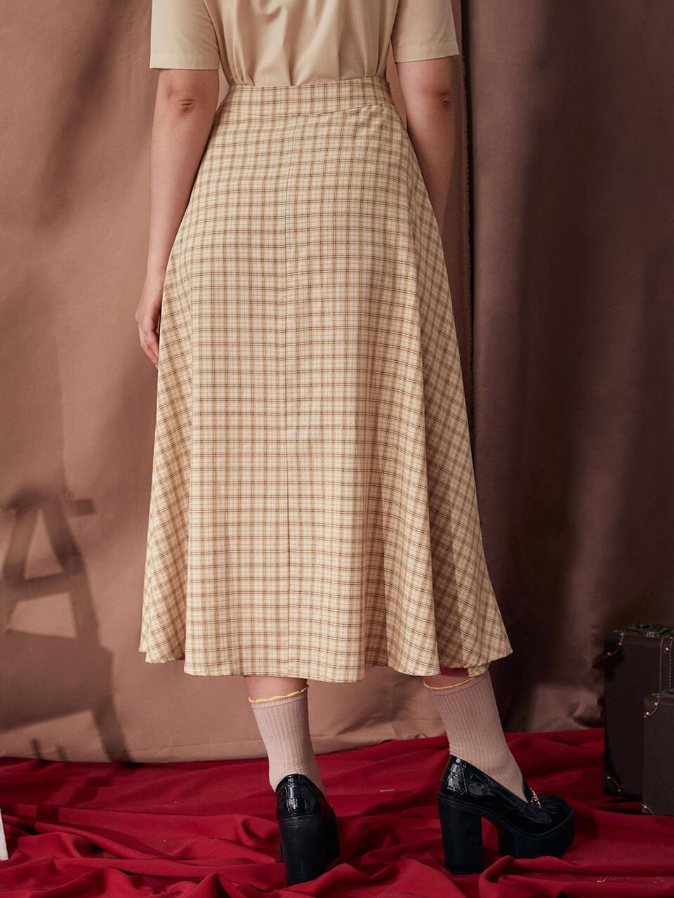 High Waist Plaid Belted Skirt