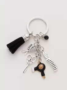 Stylist Scissors, Comb, Hair Dryer Tassel Keychain, Hairstylist Gift, Elegant Bag Charm - Black - View 1