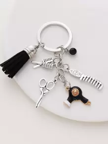 Stylist Scissors, Comb, Hair Dryer Tassel Keychain, Hairstylist Gift, Elegant Bag Charm - Black - View 2