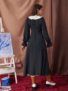 SHEIN Vestido de lunares de manga con volante ribete con fruncido - Blanco y Negro - Ver 2