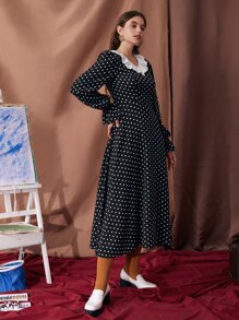 SHEIN Vestido de lunares de manga con volante ribete con fruncido - Blanco y Negro - Ver 3