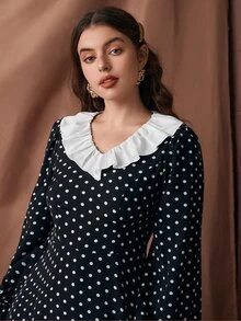 SHEIN Vestido de lunares de manga con volante ribete con fruncido - Blanco y Negro - Ver 4