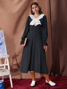 SHEIN Vestido de lunares de manga con volante ribete con fruncido - Blanco y Negro - Ver 5