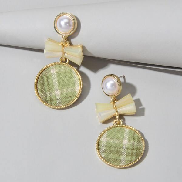 

Plaid Round Drop Earrings, Green