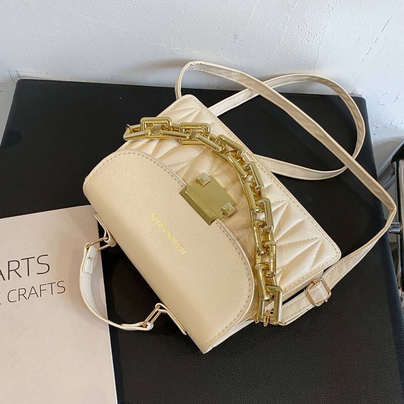 

Chain Decor Quilted Satchel Bag, White