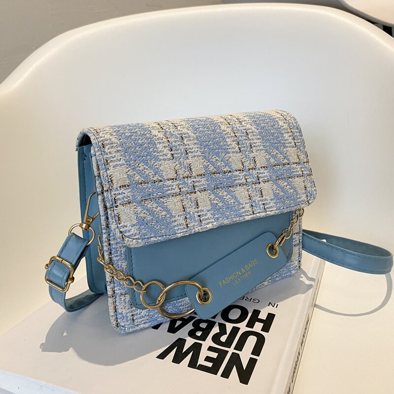 

Plaid Pattern Satchel Bag, Baby blue