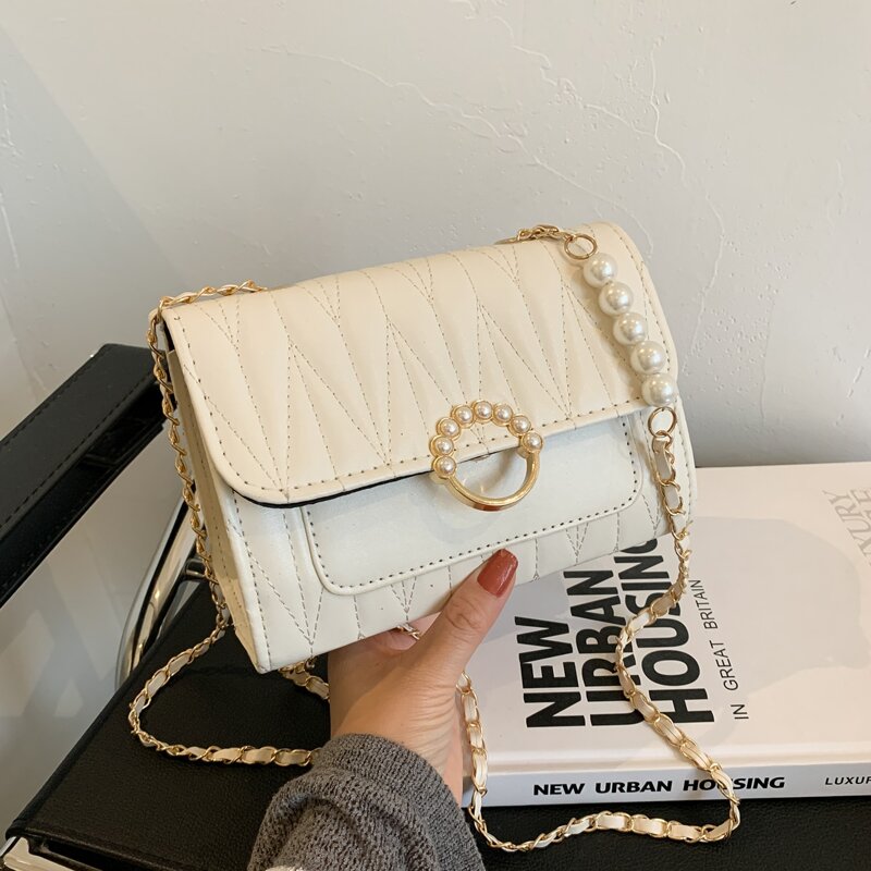 

Faux Pearl Decor Quilted Crossbody Bag, White