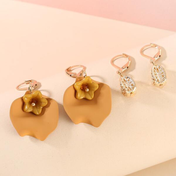

2pairs Flower & Leaf Charm Earrings, Gold