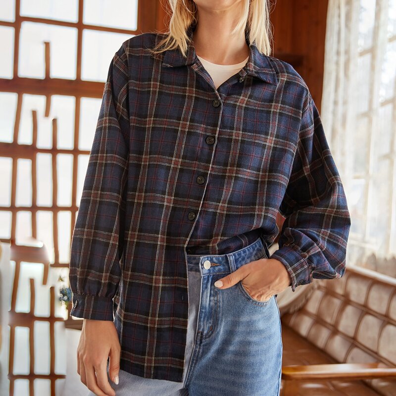 

Plaid Button Front Blouse, Navy blue