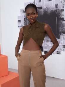 SHEIN Unity Marled Knit Asymmetrical Hem Crop Top - Chocolate Brown - View 1