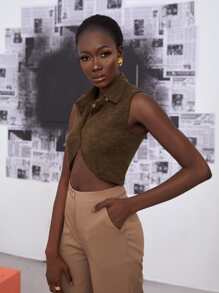 SHEIN Unity Marled Knit Asymmetrical Hem Crop Top - Chocolate Brown - View 5