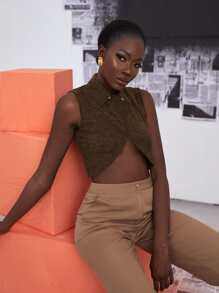 SHEIN Unity Marled Knit Asymmetrical Hem Crop Top - Chocolate Brown - View 6