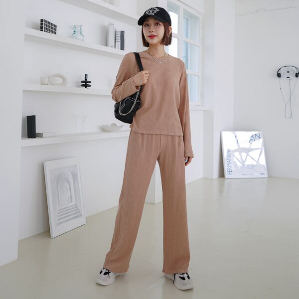 

Solid Rib-knit Tee With Pants, Khaki