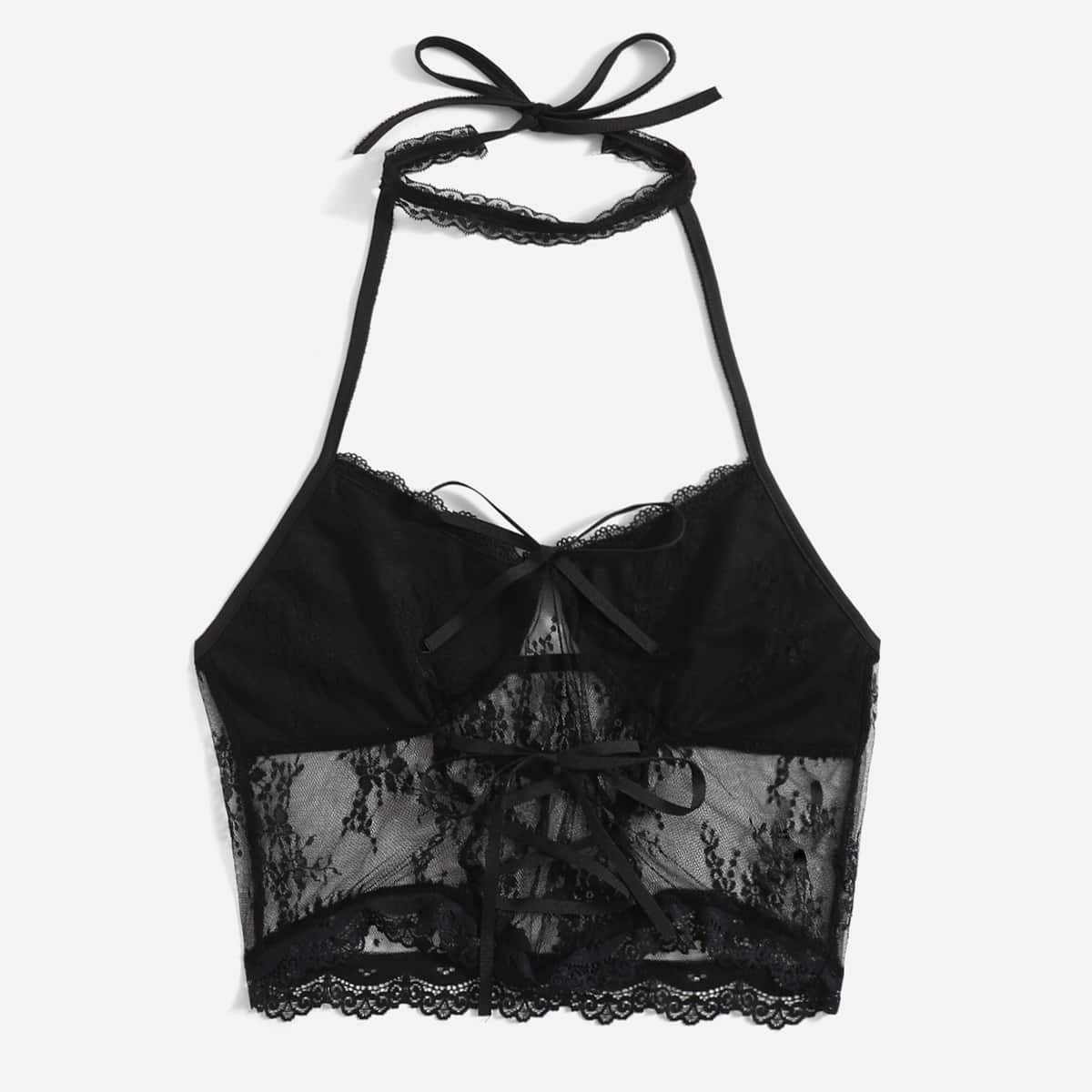 

Contrast Lace Lace Up Halter Top, Black