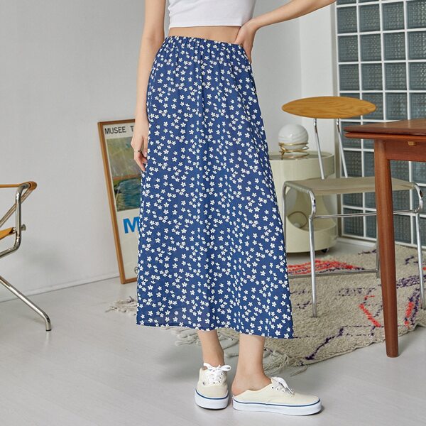 

Ditsy Floral A-line Skirt, Blue and white