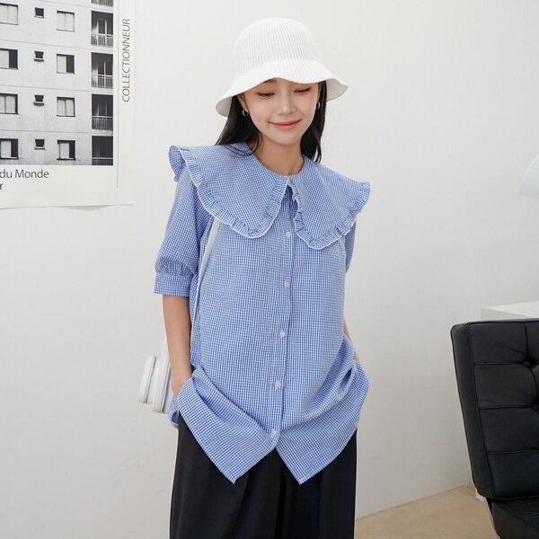 

Peter Pan Collar Gingham Puff Sleeve Blouse, Blue and white
