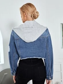 Cazadora mezclilla bajo crudo con capucha - Azul lavado oscuro - Ver 2